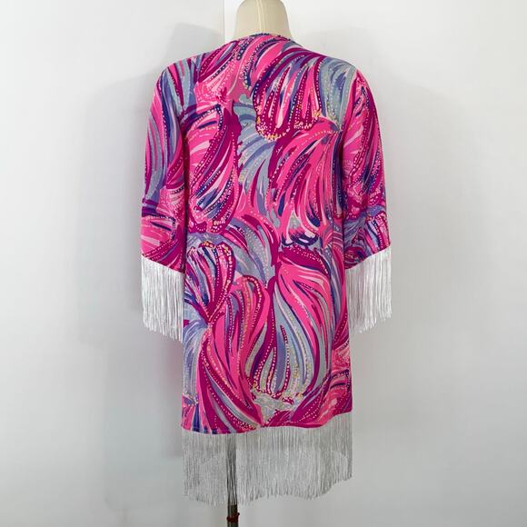 Lilly Pulitzer Noelle Silk Kimono Coverup Magenta Oh My Guava Fringe XS NWT - Picture 7 of 13